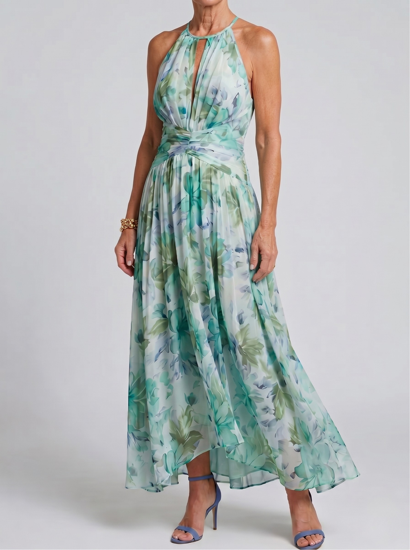 Portia | Pleated Halter Soft Floral Pattern Midi Dress