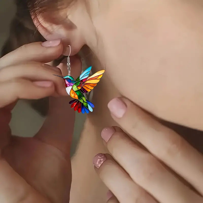 Acrylic Hummingbird Dangle Earrings – Bright 2D Bird Design