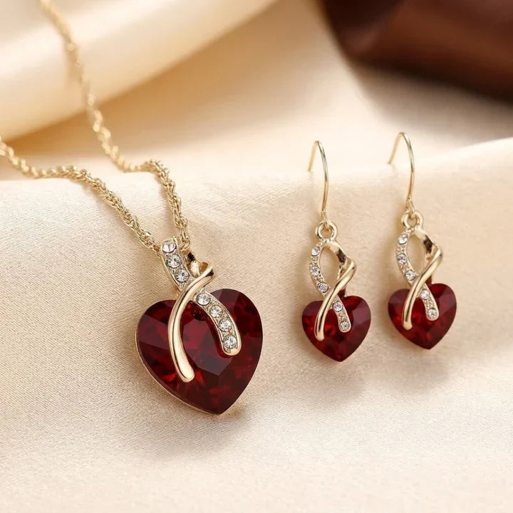 Gold Ruby Twisted Heart Jewelry Set