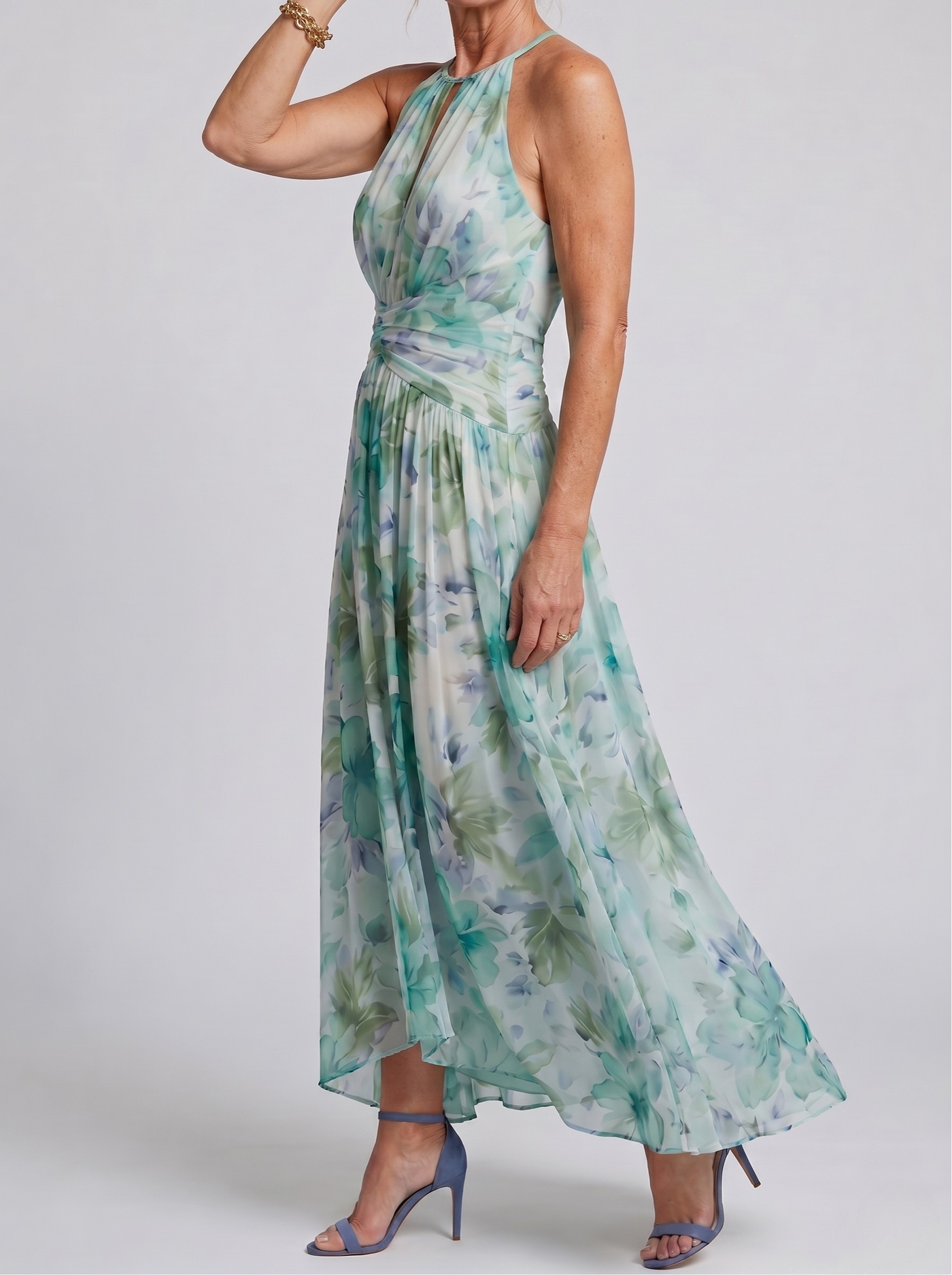 Portia | Pleated Halter Soft Floral Pattern Midi Dress