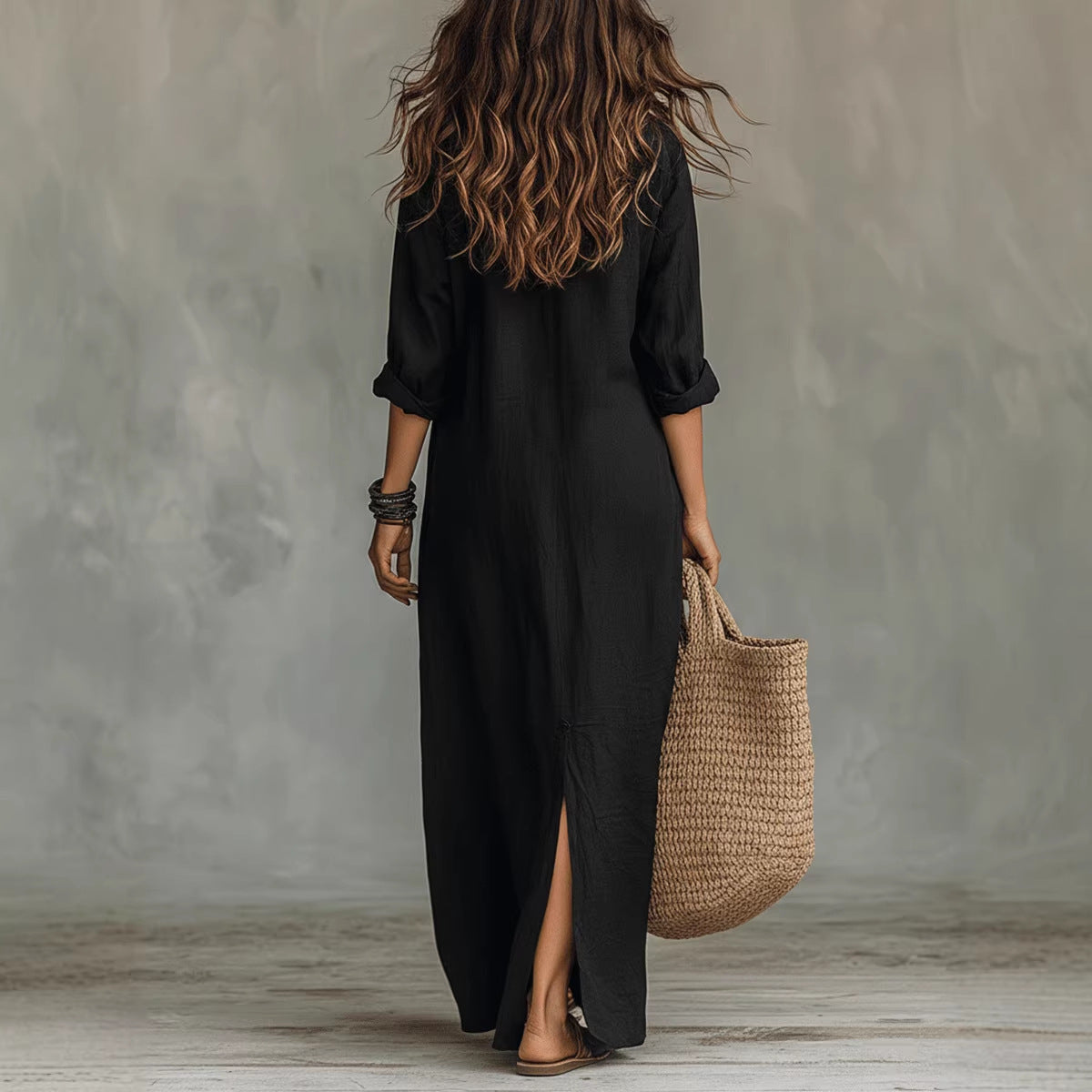 Soline™ | Black Button-Down Maxi Dress