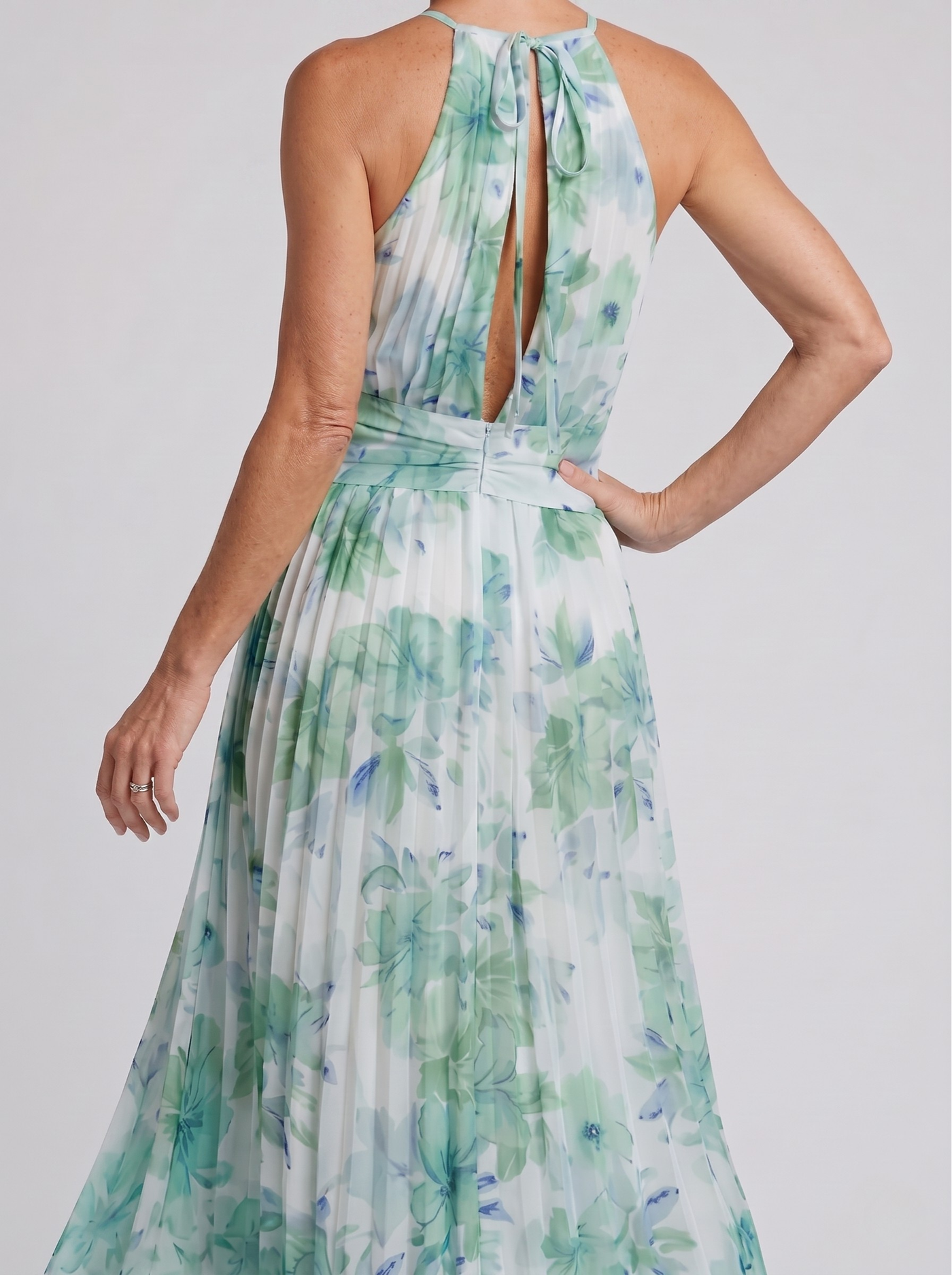 Portia | Pleated Halter Soft Floral Pattern Midi Dress