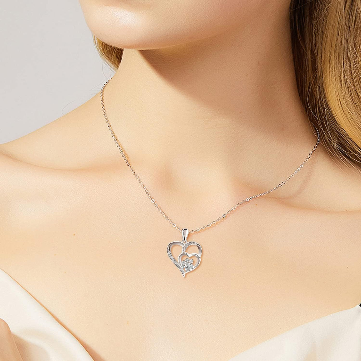 Sterling Silver Paw & Heart Necklace with Zirconia