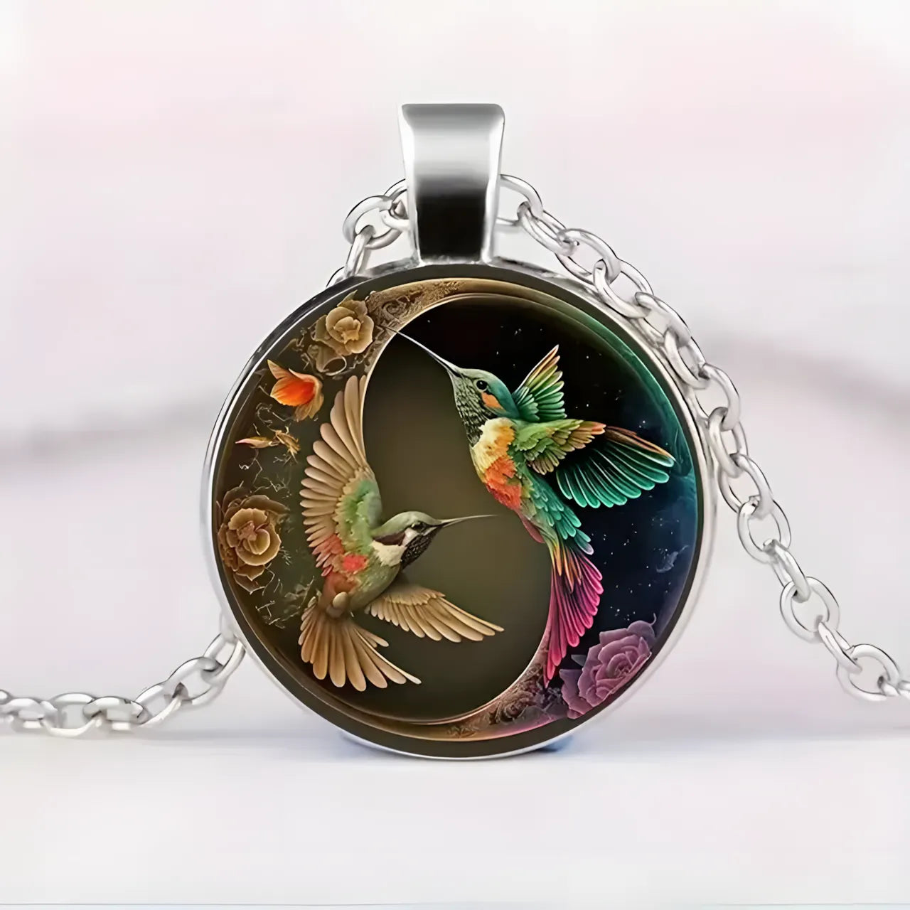 Hummingbird Glass Dome Pendant Necklace