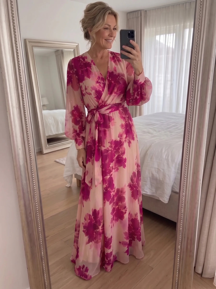 Juliesse | Rose Floral V-Neck Belted Maxi Dress
