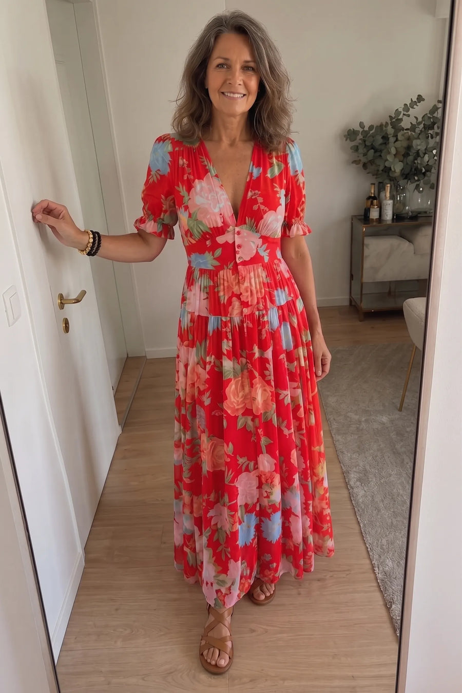 Ione | Short Sleeve V Neck Floral Midi Dress