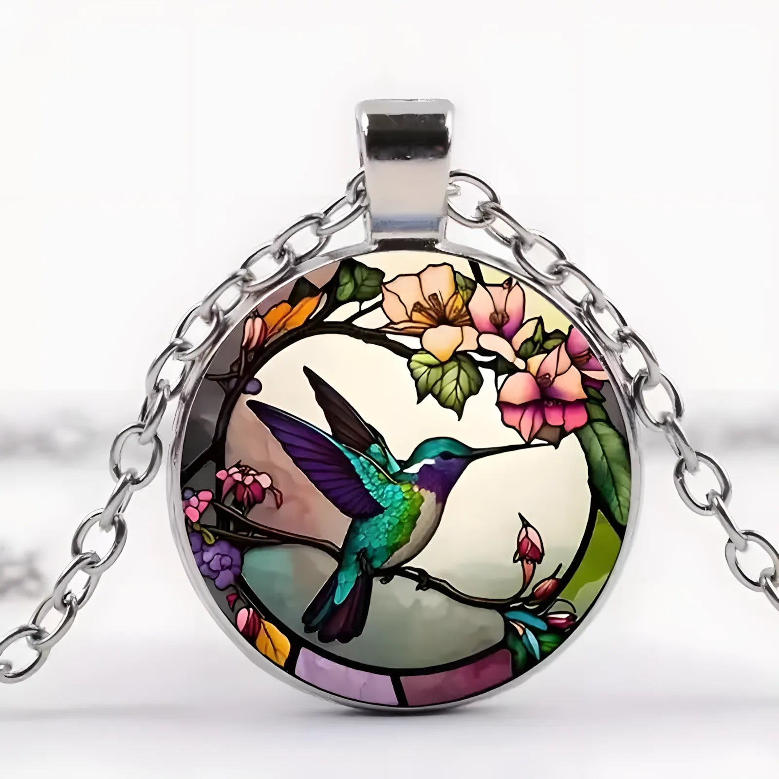 Hummingbird Glass Dome Pendant Necklace