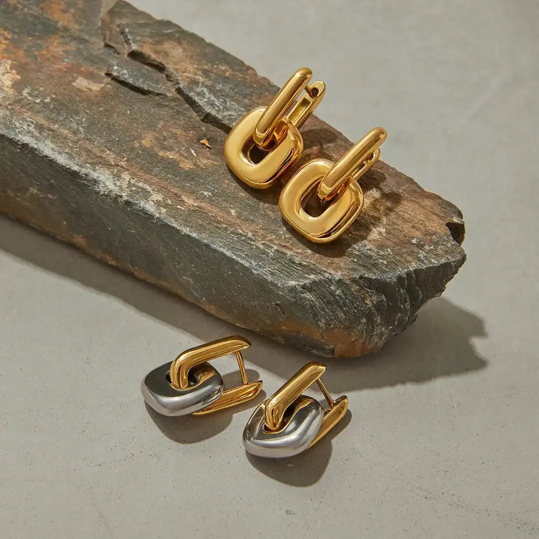 Minimalist Two Tone Gold Oval Earrings