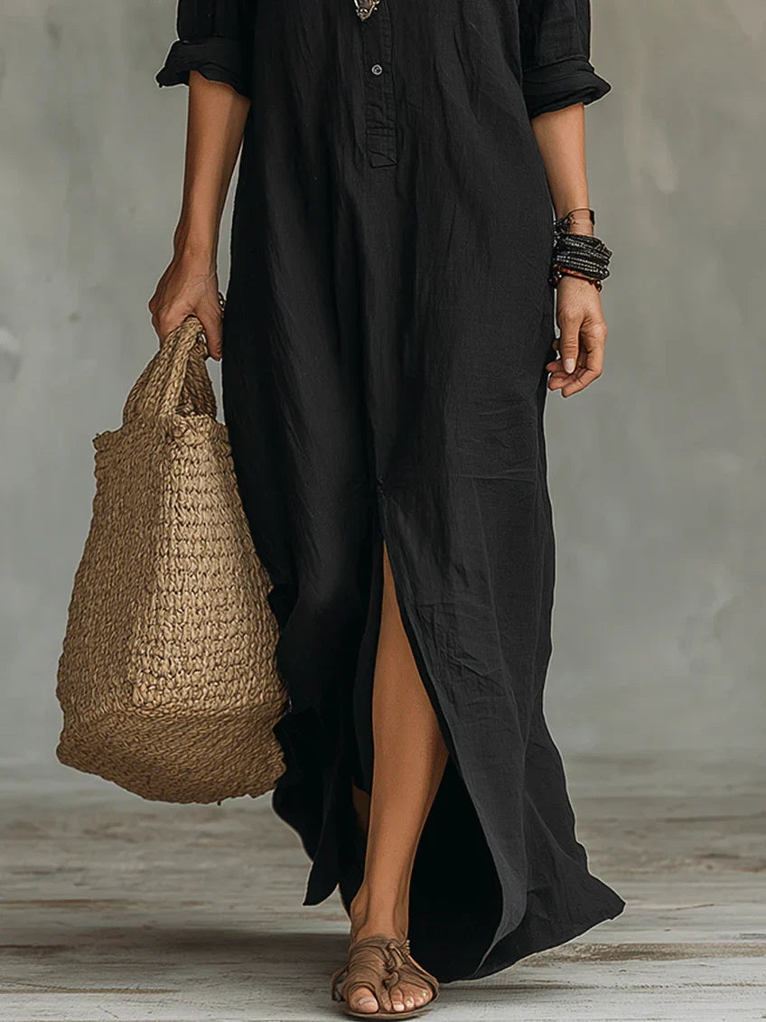 Soline™ | Black Button-Down Maxi Dress
