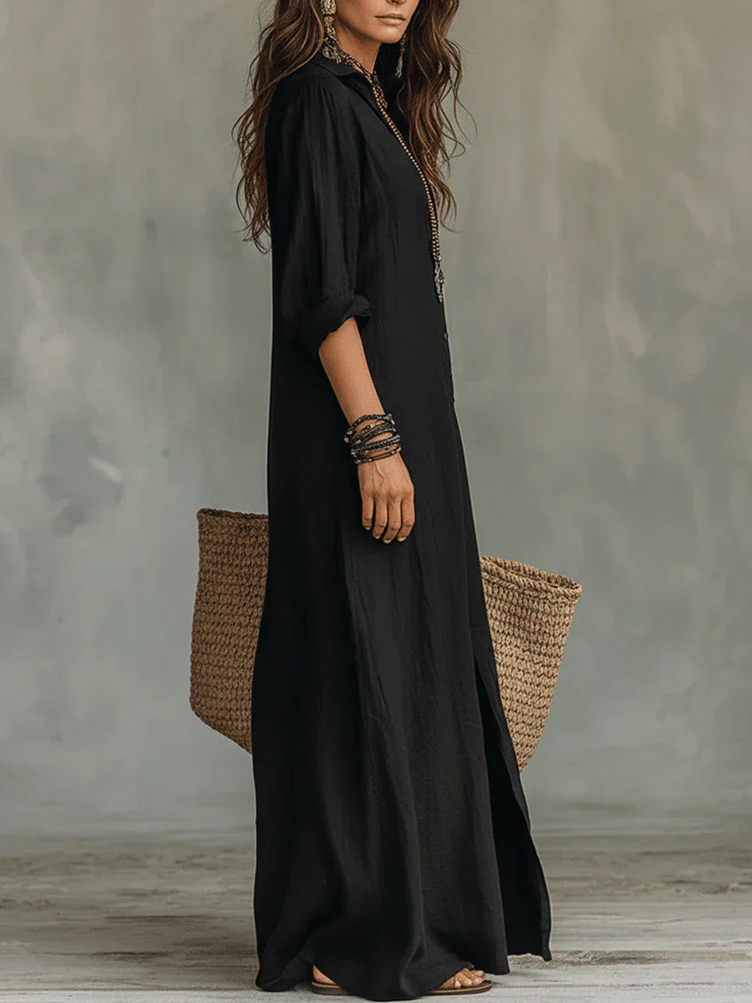 Soline™ | Black Button-Down Maxi Dress