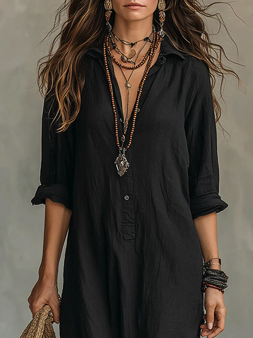 Soline™ | Black Button-Down Maxi Dress