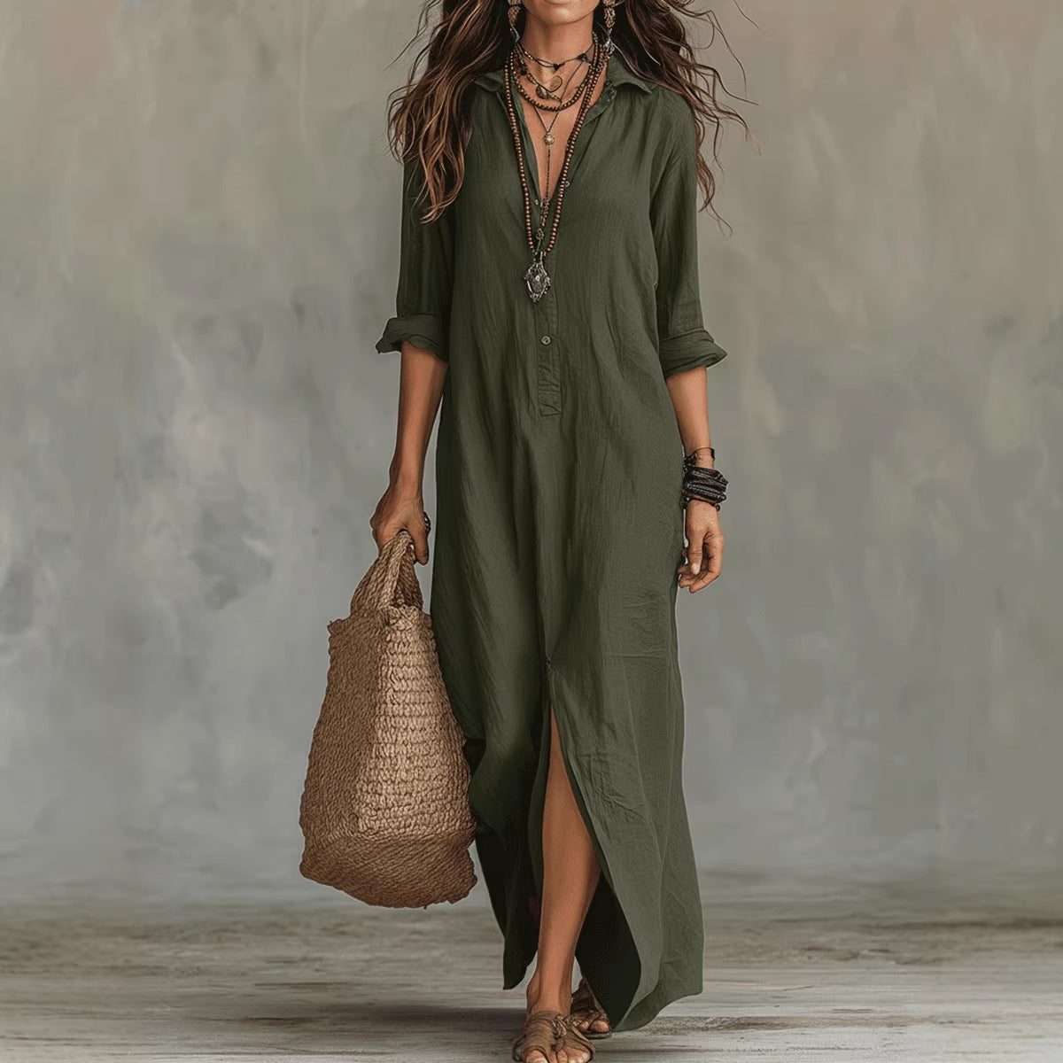Soline™ | Black Button-Down Maxi Dress