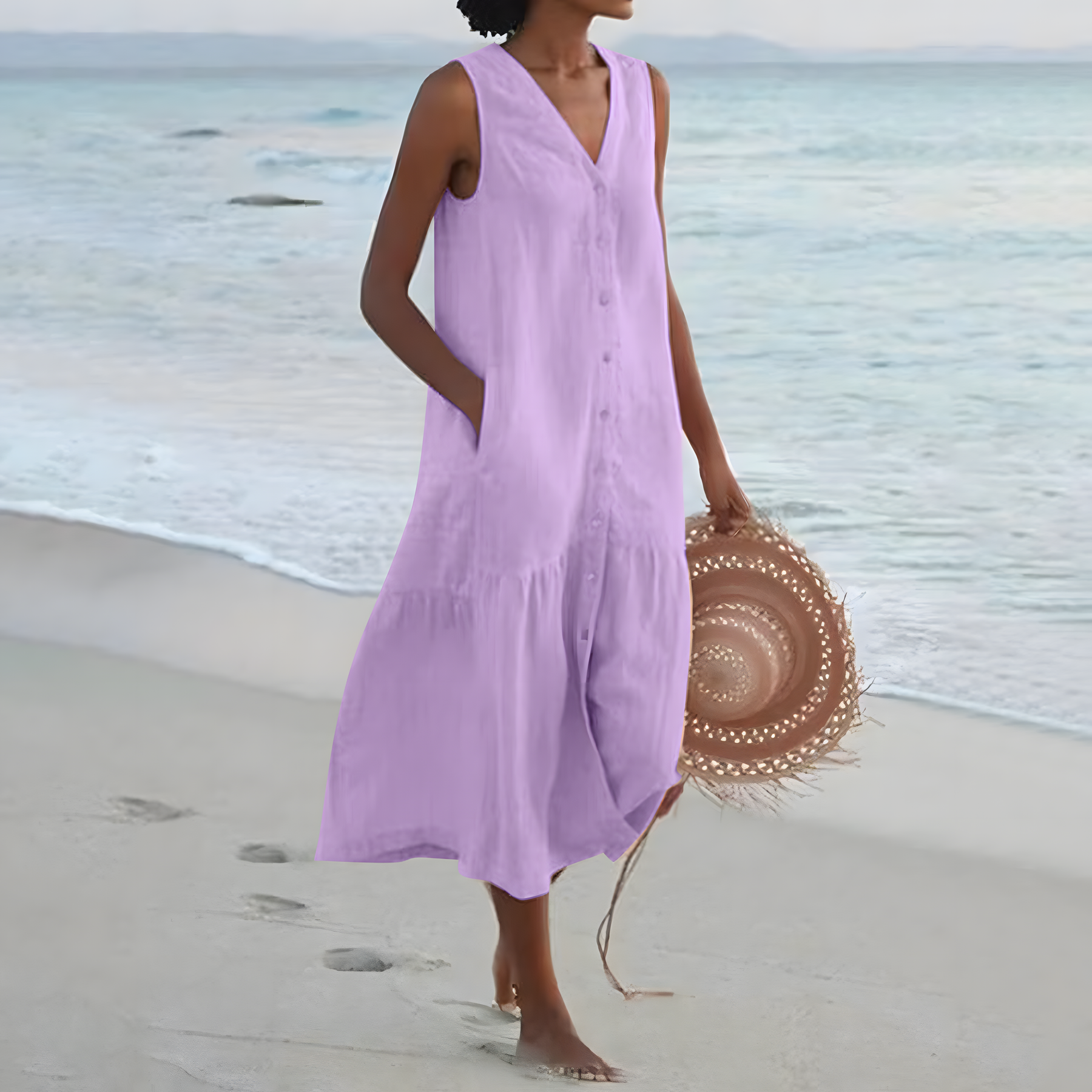 Aria | Linen-Look Button-Down Midi Dress