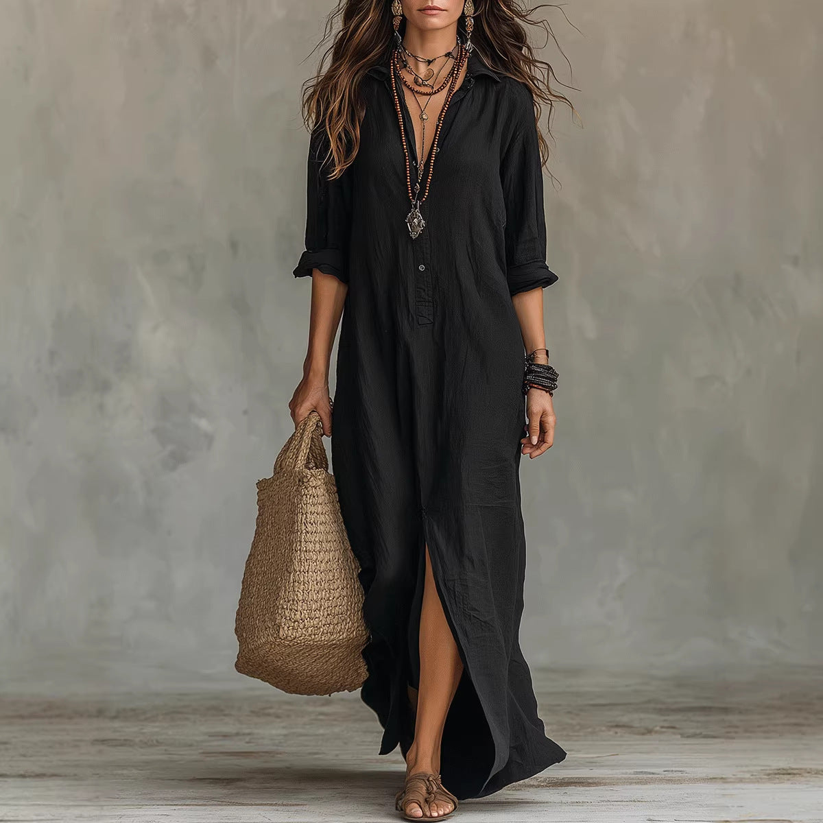 Soline™ | Black Button-Down Maxi Dress