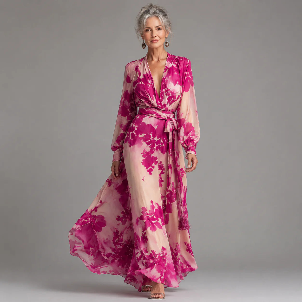 Juliesse | Rose Floral V-Neck Belted Maxi Dress