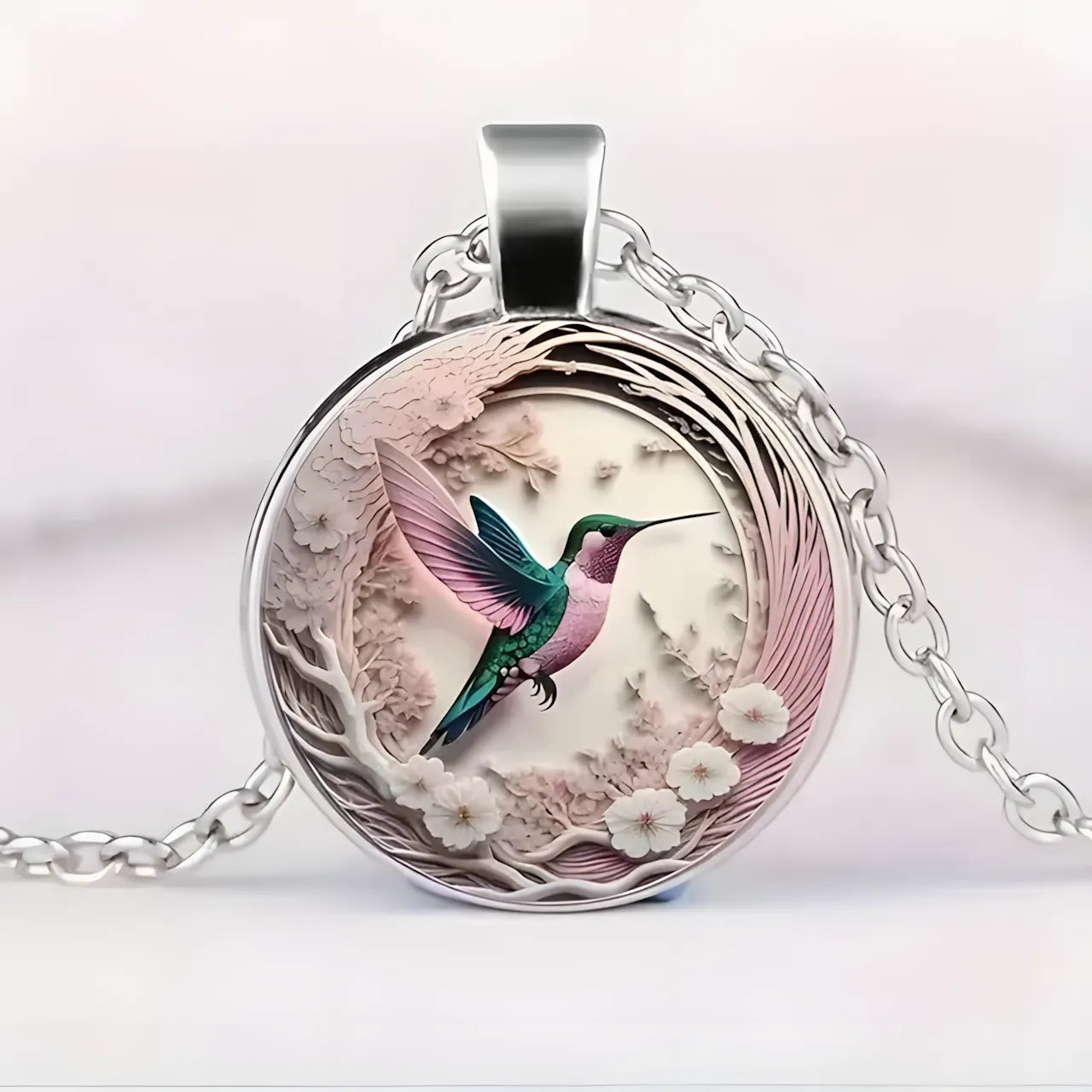 Hummingbird Glass Dome Pendant Necklace
