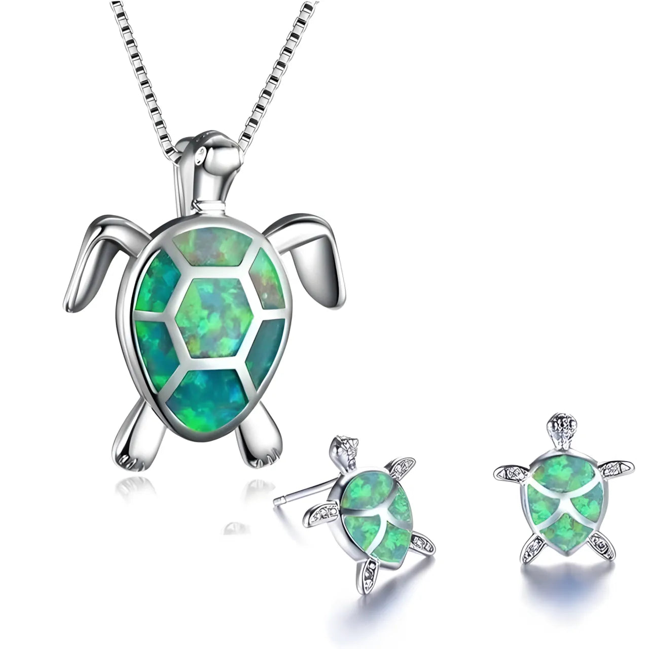 Sea Turtle Necklace + Earrings Set in Opal and Silver