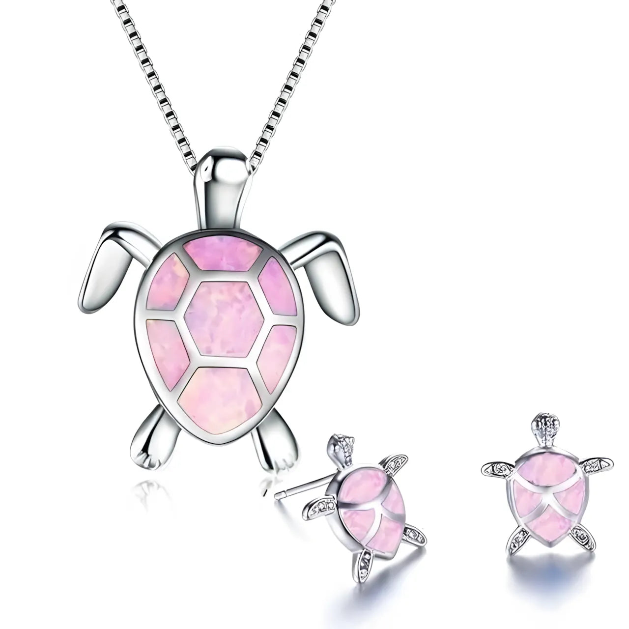 Sea Turtle Necklace + Earrings Set in Opal and Silver